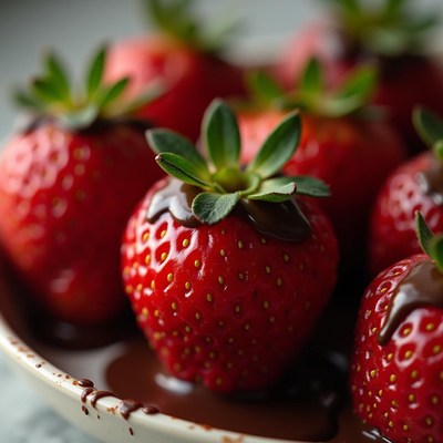 Fresh strawberries dipped in chocolate on a plate