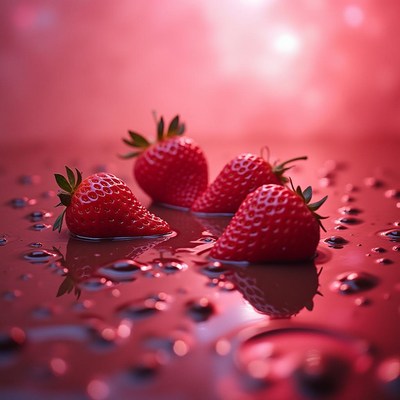 Fresh strawberries shine on a red backdrop
