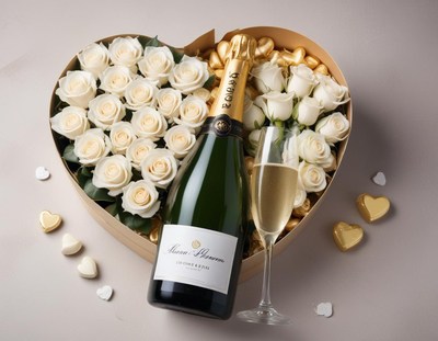 Heart box with flowers and champagne for celebration
