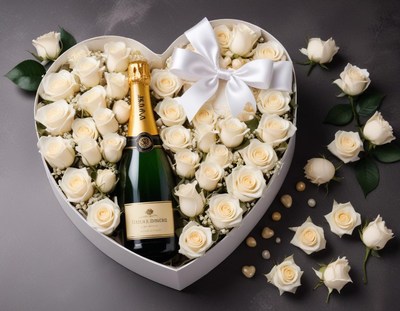 Heart-shaped arrangement of white roses and champagne