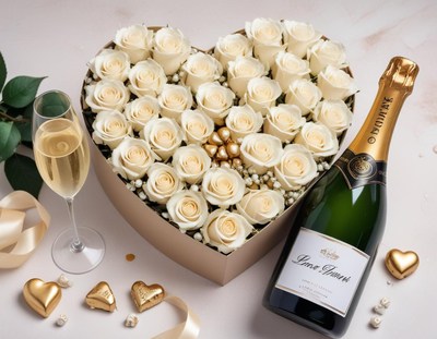 Celebratory heart-shaped flower arrangement with champagne