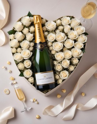 Heart-shaped arrangement of roses with champagne bottle