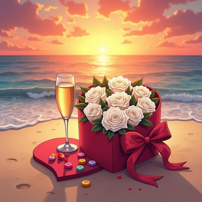 Romantic sunset with roses and champagne at the beach