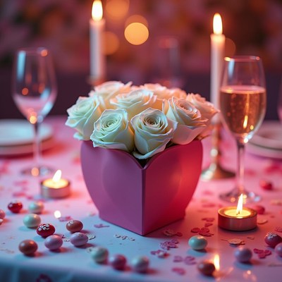 Romantic dinner setting with heart-shaped rose arrangement