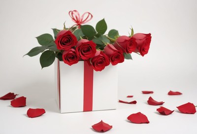 Red roses arranged in a gift box with petals scattered