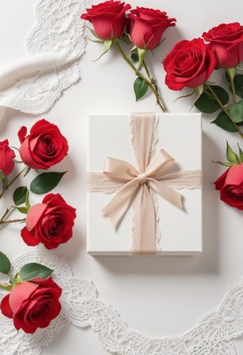 Elegant gift box surrounded by red roses on lace