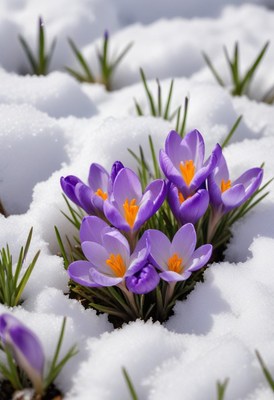Crocuses blooming through melting snow in early spring