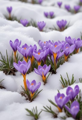 Purple crocuses bloom through melting snow in spring
