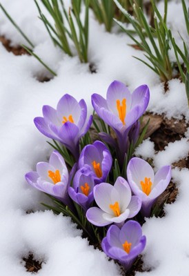 Spring flowers blooming through the last snow of winter