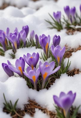 Spring crocuses bloom through melting snow in early march