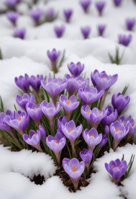 Purple crocuses blooming through snow in early spring