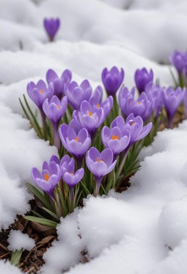 Early spring crocuses emerge through melting snow
