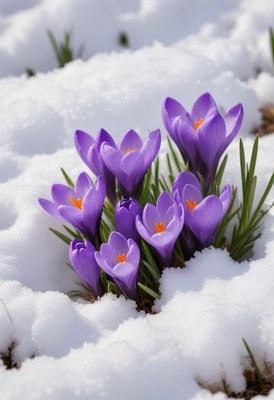 Purple crocuses bloom through the snow in springtime