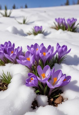Purple crocuses bloom through melting snow in springtime
