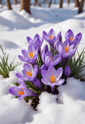 Purple crocuses blooming in snow during early spring