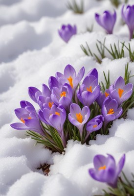 Purple crocuses bloom through the snow in springtime