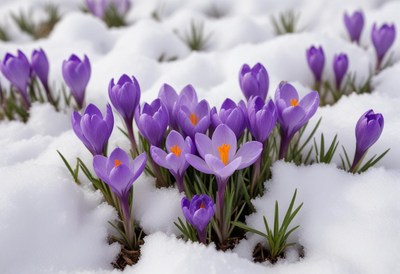 Purple crocuses blooming in snow signals spring arrival