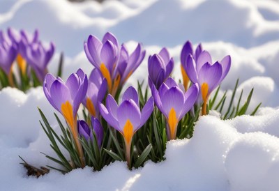 Beautiful purple crocuses blooming through snow