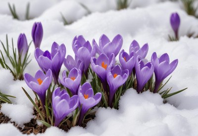 Purple crocuses bloom through snow in early spring