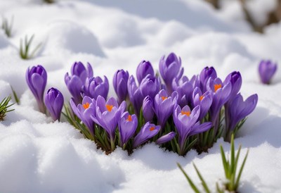 Purple crocuses blooming through white snow in spring