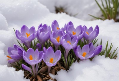 Crocuses bloom through snow in early spring landscape