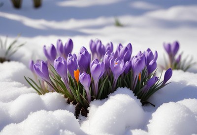 Purple crocuses bloom in snowy landscape during spring