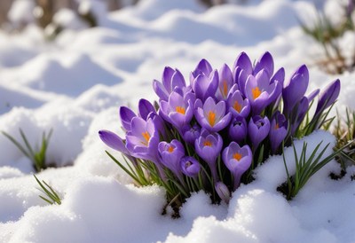 Purple crocuses bloom in snow during early spring