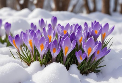 Vibrant crocuses blooming amid snow in springtime
