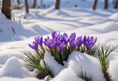 Snowy scene with blooming purple crocus flowers in winter
