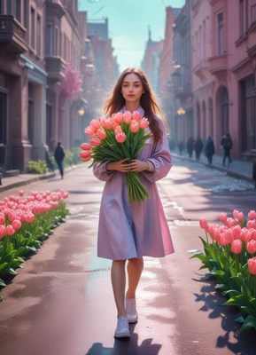 Woman carrying tulips in a charming city street