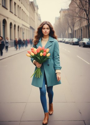 Young woman walks on city street carrying colorful flowers