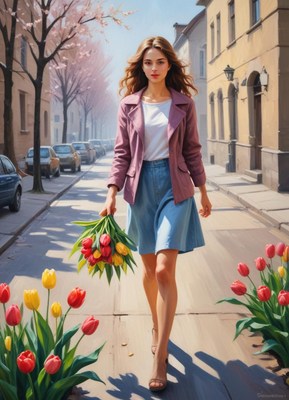 Young woman walking with flowers in a spring street