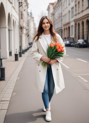 Young woman walking with tulips in a city street