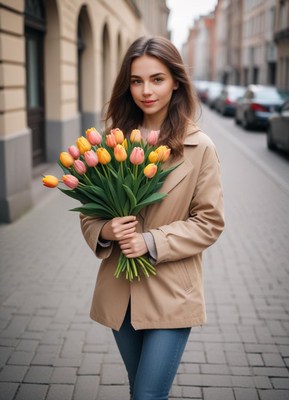Young woman walking with tulips on a city street