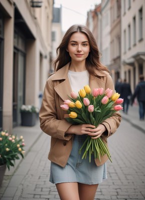 Woman holding flowers while walking on a city street