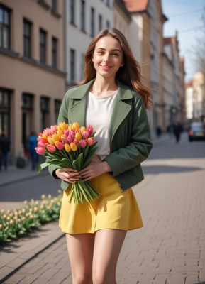 Young woman carrying vibrant tulips on city street
