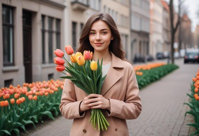 Woman holding tulips on a vibrant city street