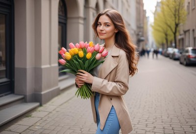 Woman holding colorful tulips while walking on a city street