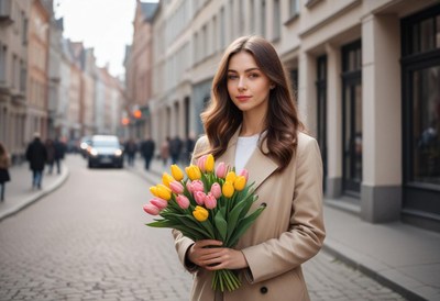 Woman in city holding colorful tulips on a street