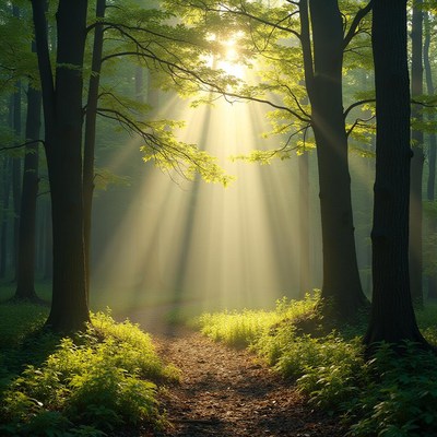 Sunlight filtering through trees in a peaceful forest