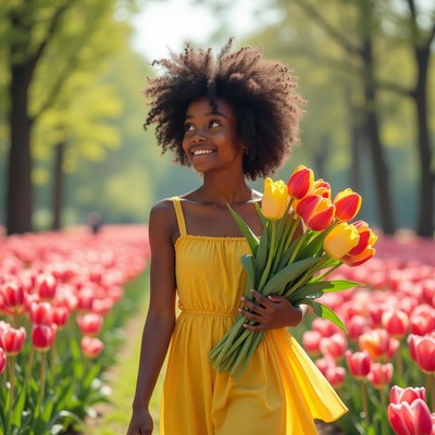 Girl with flowers enjoys a sunny day in a tulip field