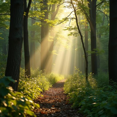 Sunlight beams through trees in a tranquil forest path