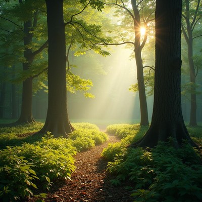 Sunlight streams through trees in a tranquil forest path