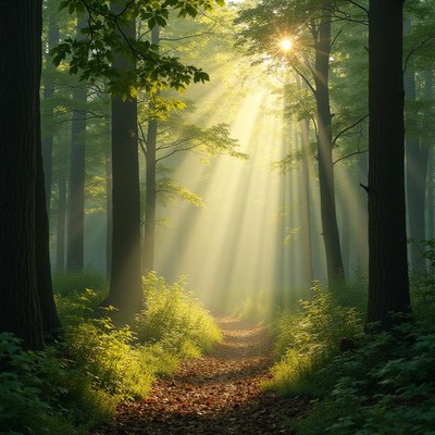 Sunlight streaming through trees in a tranquil forest