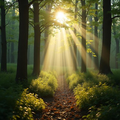 Sunlight streaming through a peaceful forest path