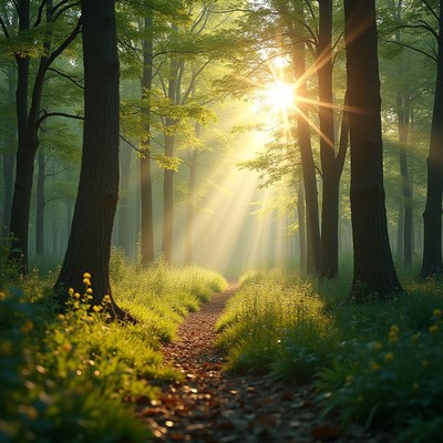 Sunlight filters through trees in a tranquil forest path