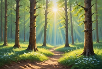 Sunlight filters through trees in a peaceful forest