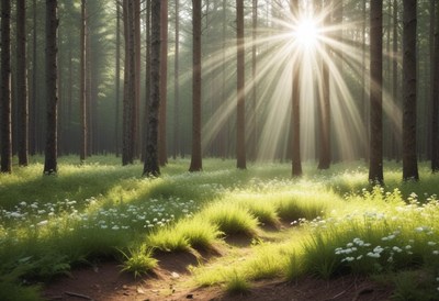 Sunlight streaming through a tranquil forest landscape