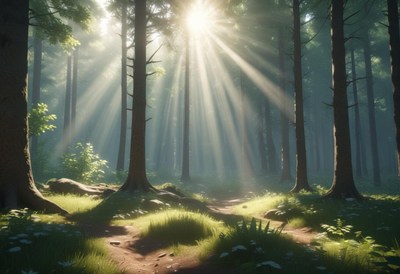 Sunlight beams through trees in a serene forest scene
