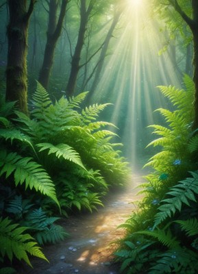 Serene forest pathway illuminated by golden sunlight